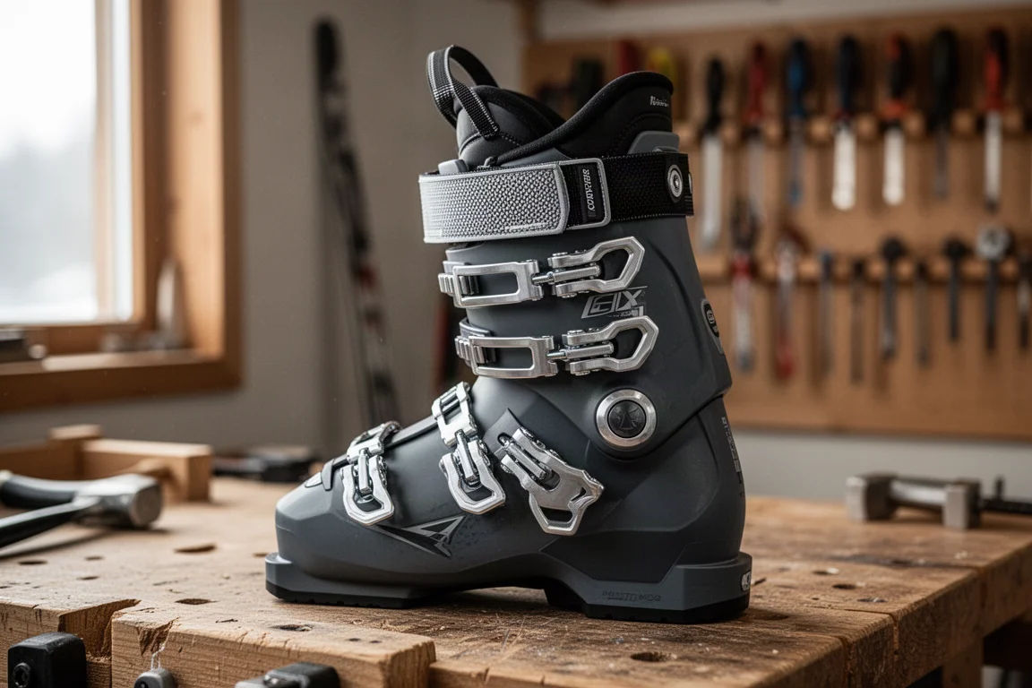 Hebillas de la bota de esquí y strap de potencia de trinquete sobre un banco de taller de madera