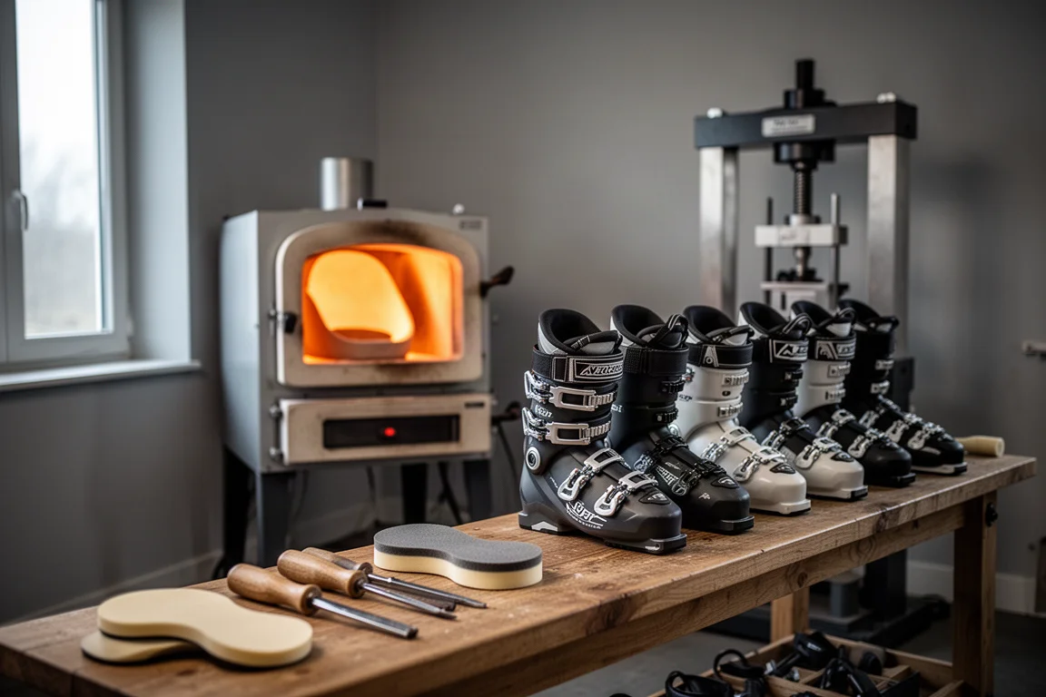 Taller de ajuste de botas con horno para carcasas calentadas y botas de esquí sobre un banco