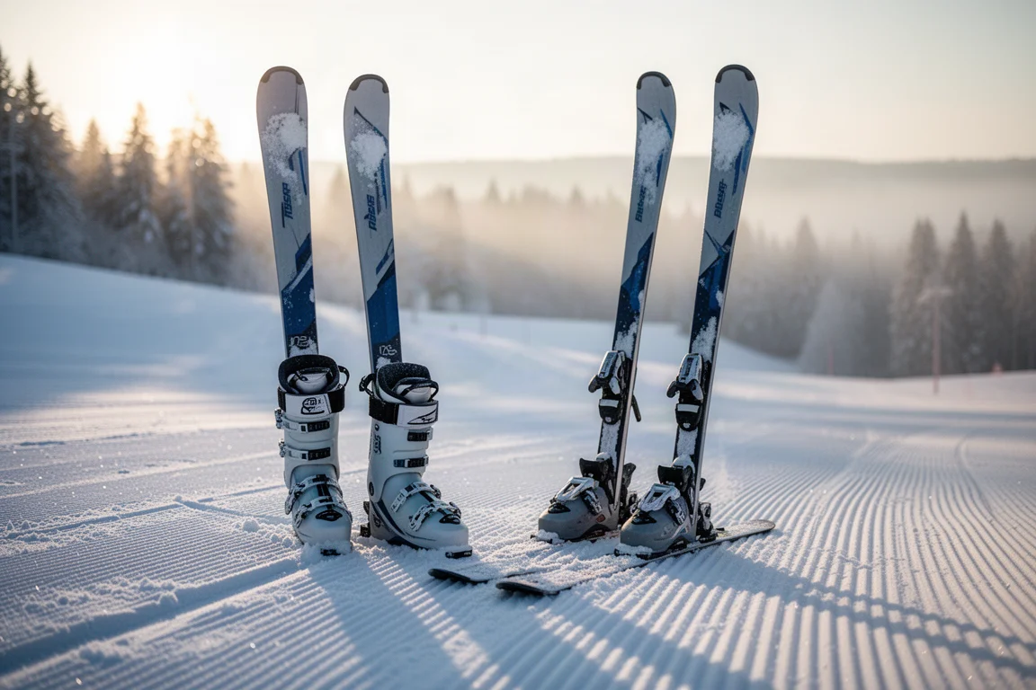 Paire de chaussures de ski alpin et skis posés sur une neige damée à la première lumière