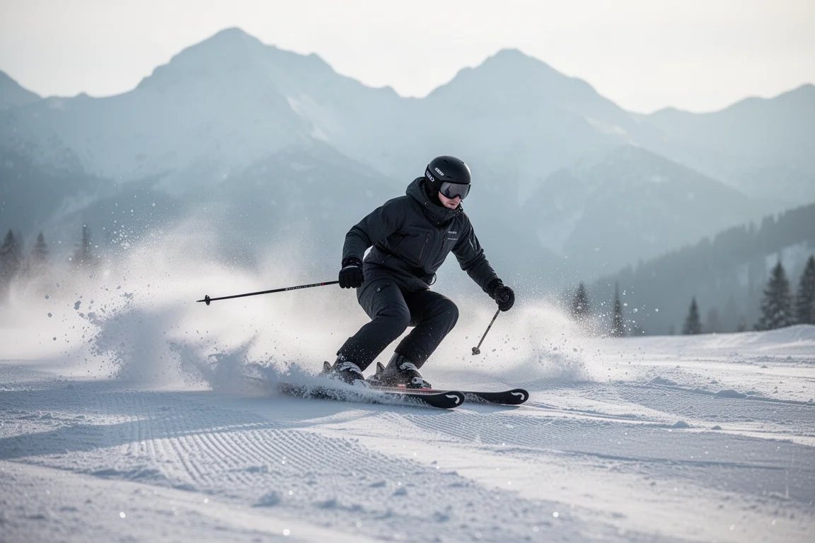 Skieur taillant un virage sur une piste damée avec un gerbe de neige à l'aube