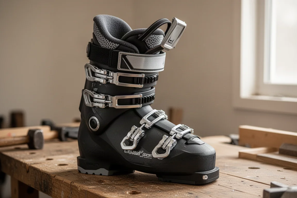 Gros plan sur les crochets d'une chaussure de ski et la sangle de puissance sur un établi