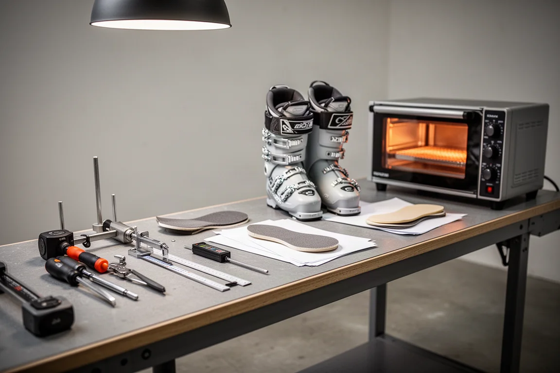 Établi d'un magasin de ski avec des outils d'ajustement de chaussures et un four de thermoformage
