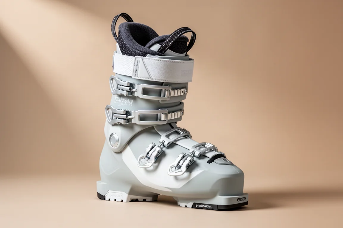 Chaussure de ski alpine femme gris pâle avec quatre crochets et une sangle de puissance sur fond neutre