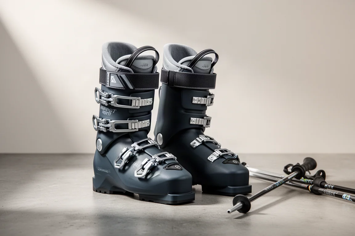 Due scarponi da sci alpini scuri opachi con fibbie metalliche su una superficie di cemento accanto a bastoni da sci