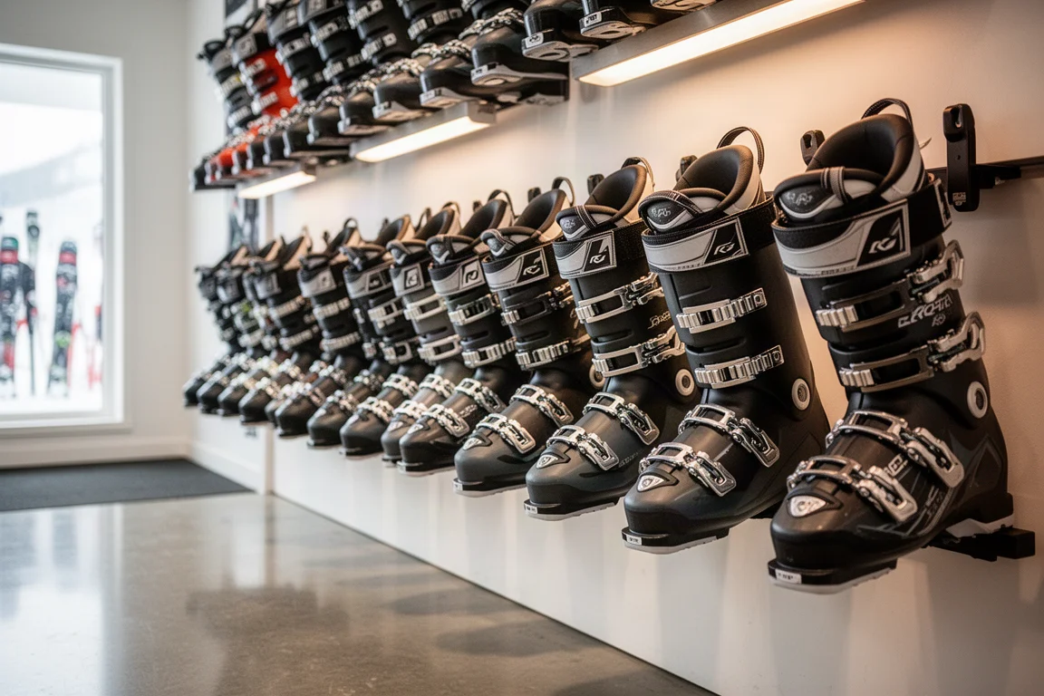 Pared de botas alpinas de esquí expuestas en una tienda de esquí luminosa