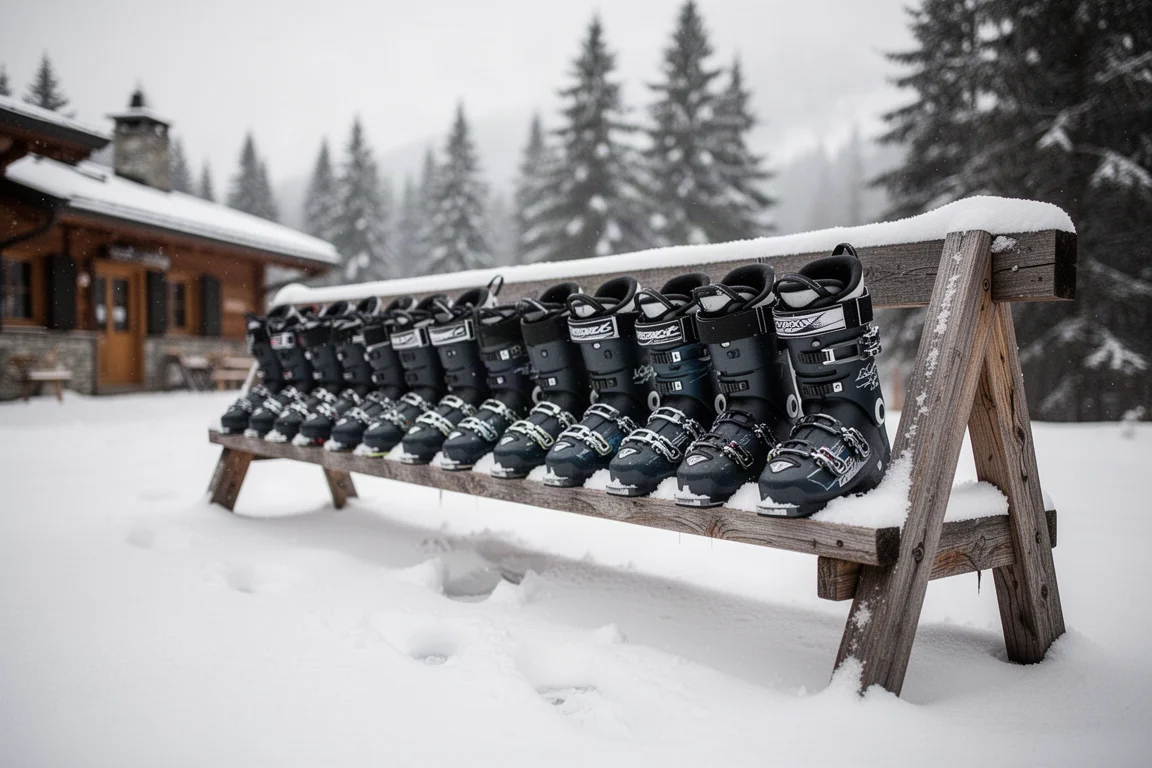 Botas alpinas de esquí alineadas en un rack cubierto de nieve fuera de un refugio