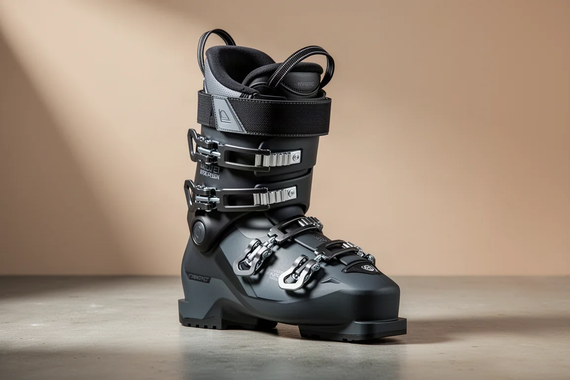 Bota alpina de esquí de volumen bajo con cuatro hebillas y una correa de potencia ancha sobre hormigón