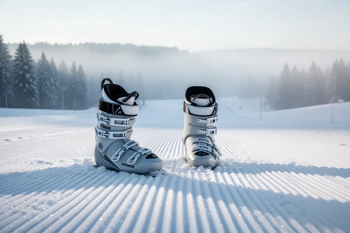 Alpiene ski-schoenen met laag volume die op verpakte sneeuw staan bovenaan een geprepareerde piste