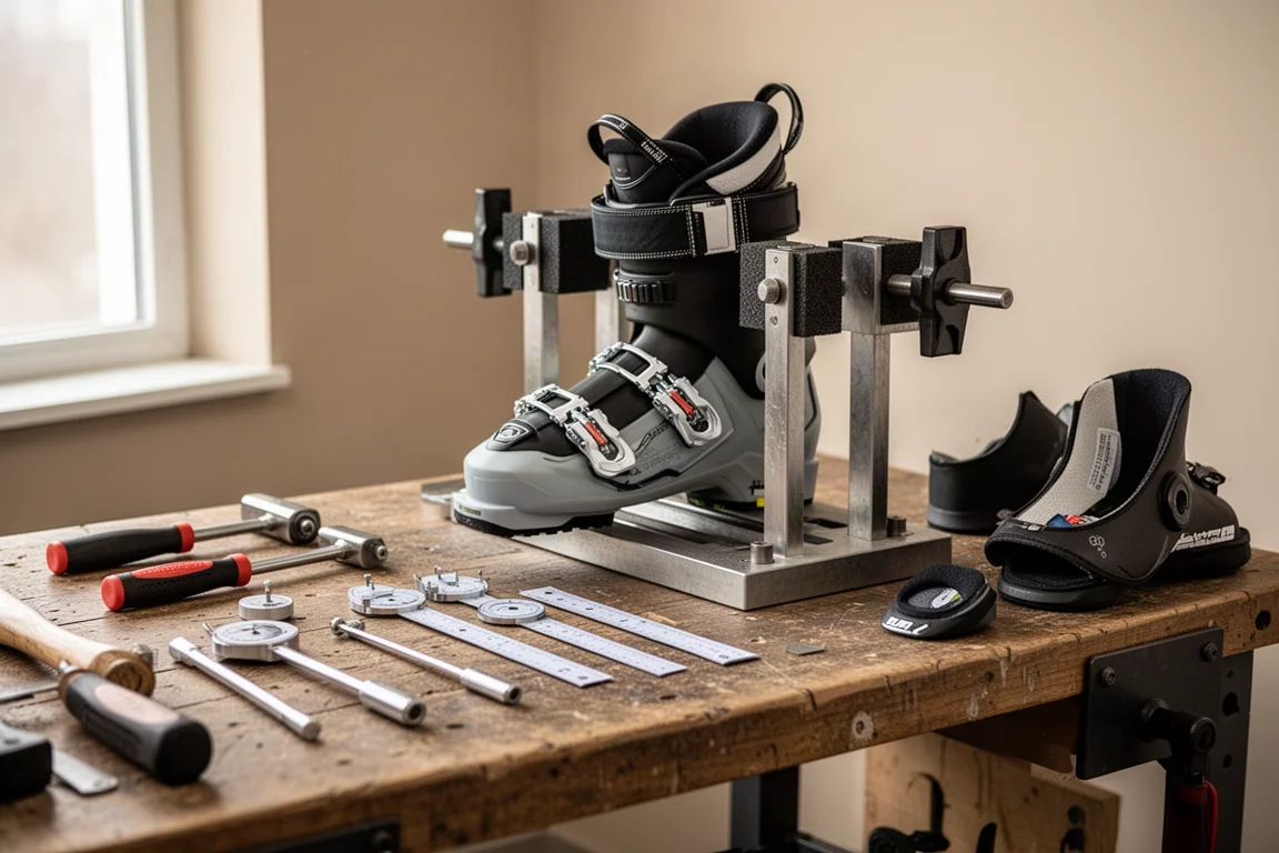 Bootfitting-werkbank met een shell-pers en gereedschap voor het uitrekken van ski-schoenen