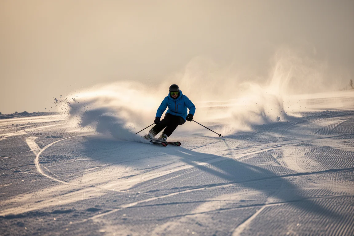 Skiër die een lange boog carvt op harde geprepareerde sneeuw met sneeuwspray