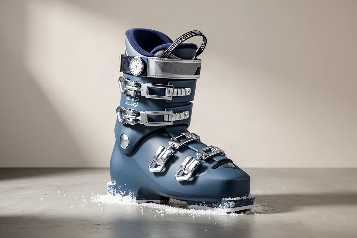Low-volume alpine ski boot with silver buckles standing on a matte concrete surface