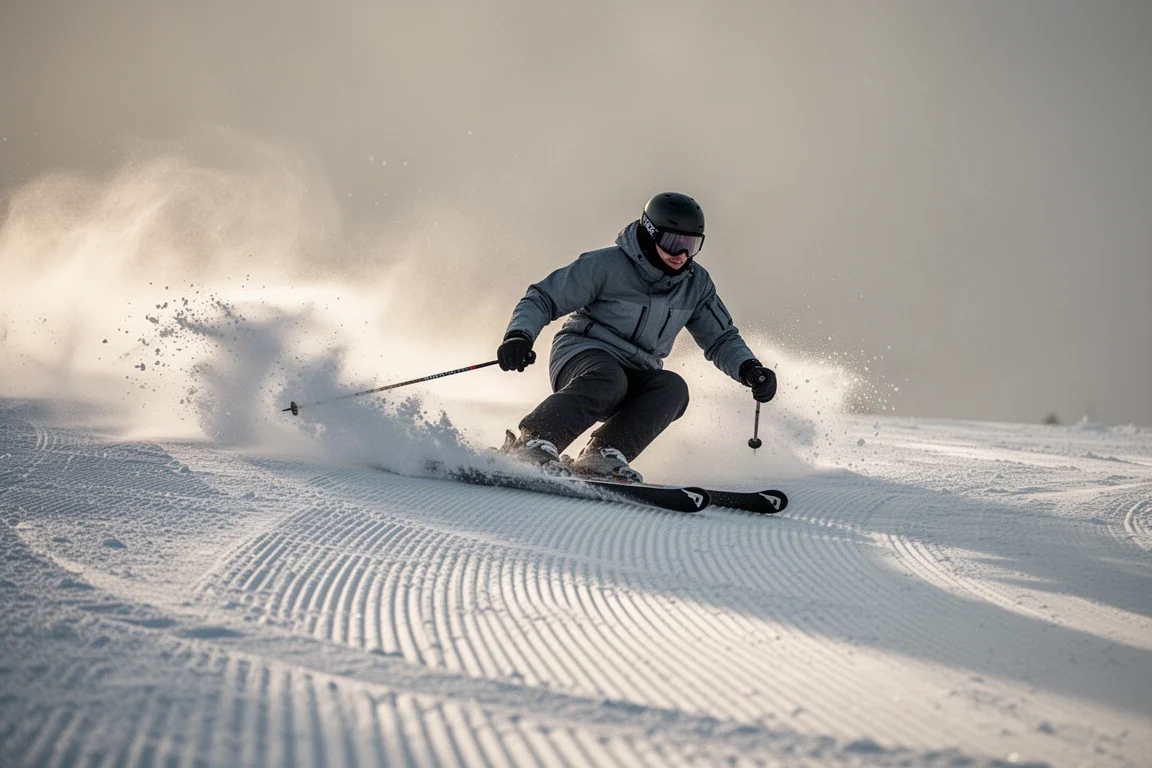 Esquiador cravando um curvo forte em pista preparada com spray de neve