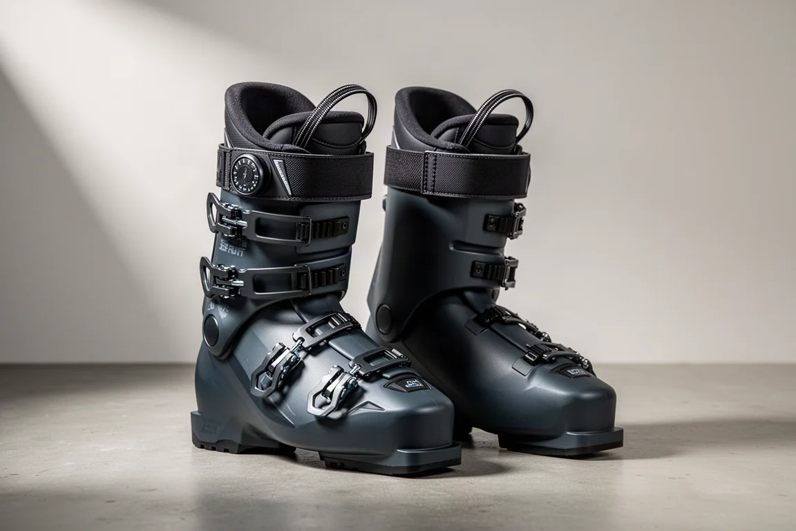Pair of dark low-volume alpine ski boots with cable dial on a concrete surface