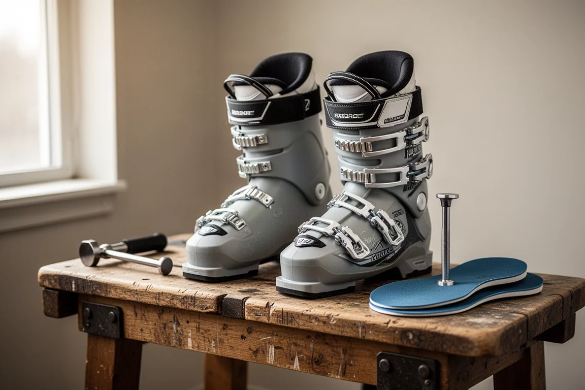 Two alpine ski boots resting on a wooden boot-fitting bench with tools nearby