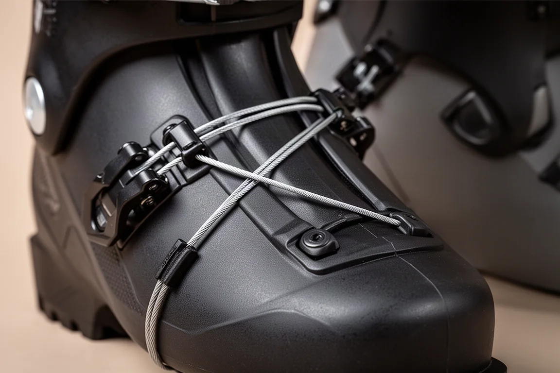 Close-up of a cable closure wrapping across the lower shell of a ski boot