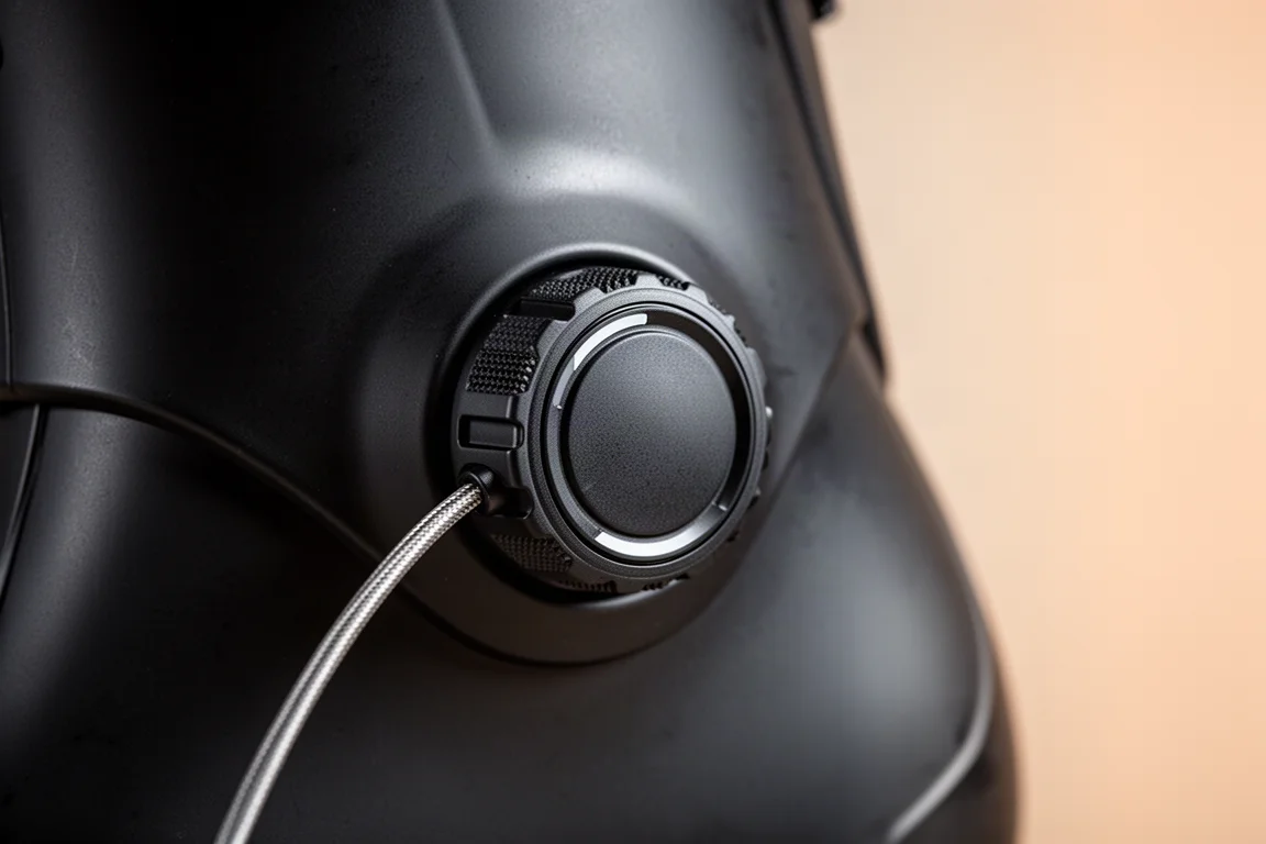 Macro view of a round cable dial mounted on the side of a ski boot shell