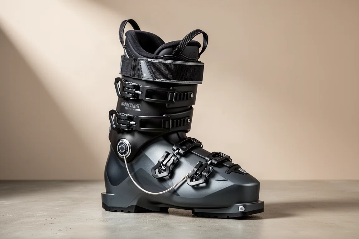 Mid-volume alpine ski boot with cable dial closure on a concrete surface
