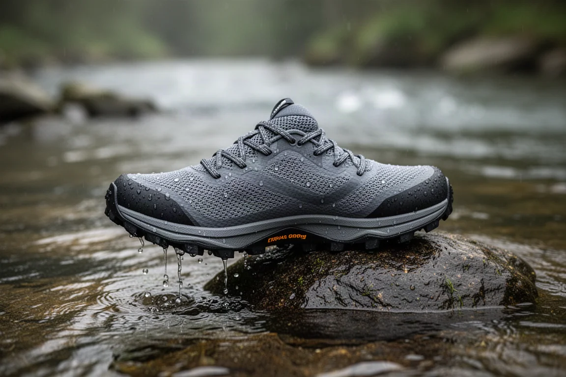 Zapatilla de trail sobre roca mojada con gotas de agua en su parte superior de malla transpirable