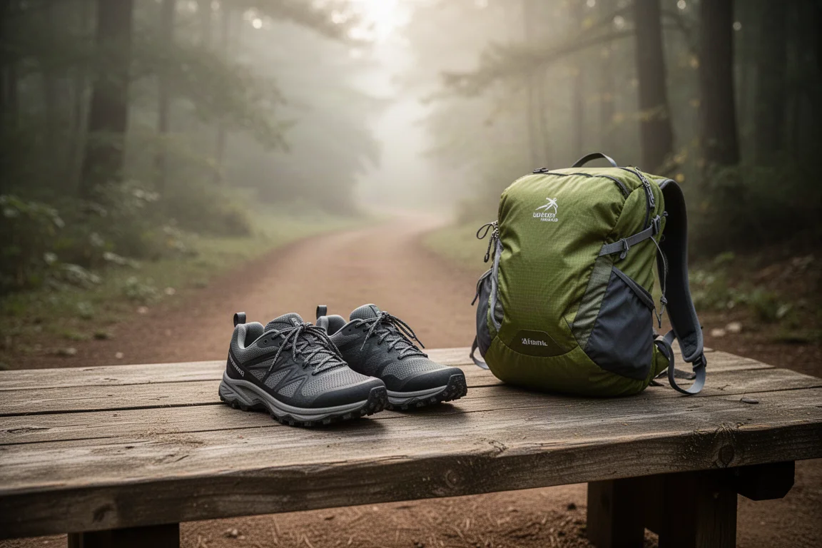 Par de zapatillas de trail y pequeña mochila ultraligera en un inicio de sendero boscoso
