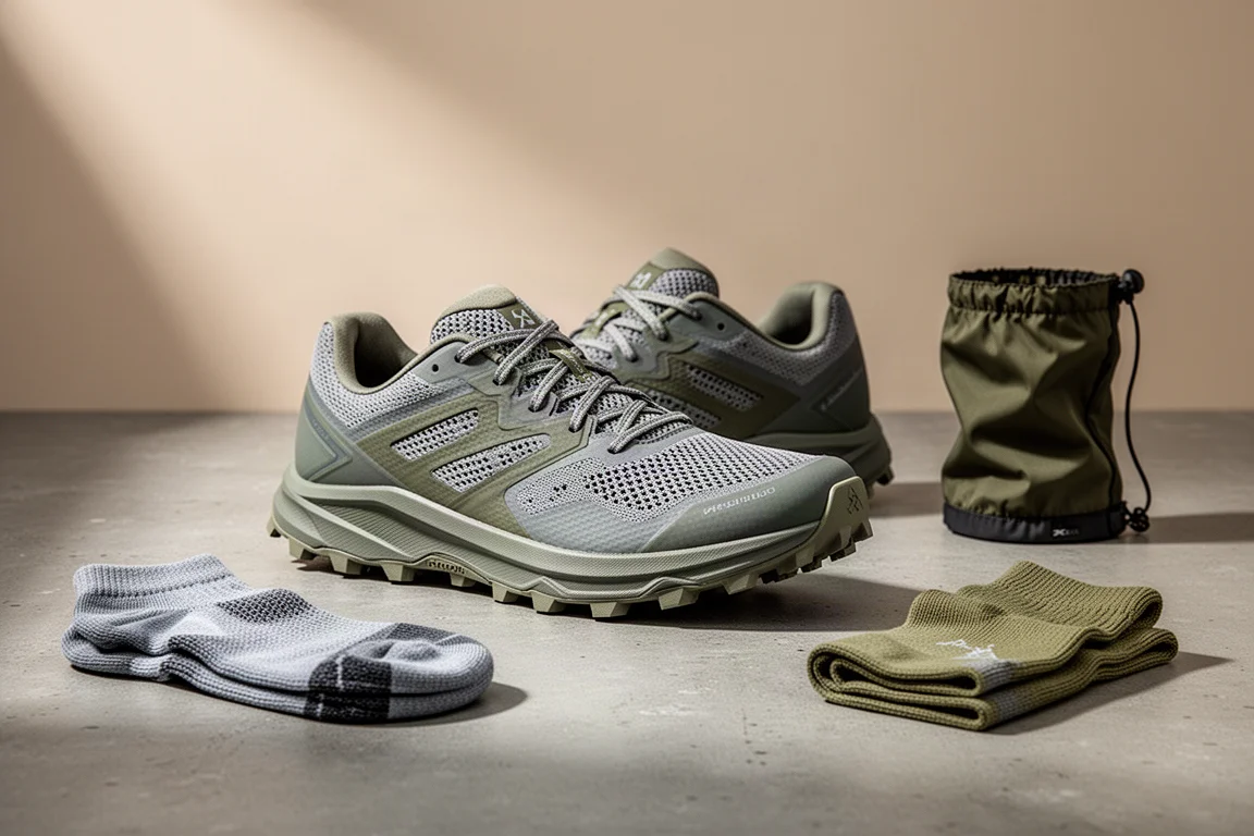 Flacher Trailrunning-Schuh mit Mesh-Obermaterial auf mattem Beton neben Wandersocken und Gamaschen