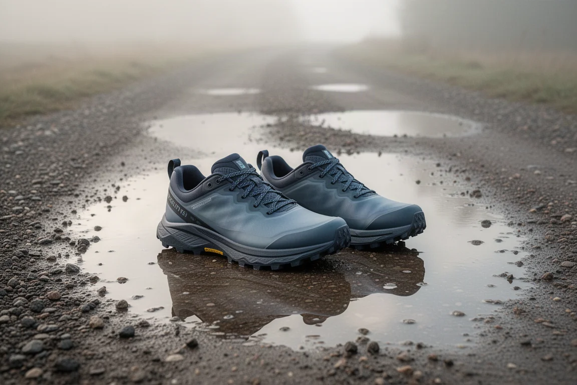 一對 Gore-Tex 山徑跑鞋靜置在濕潤的碎石維修路上