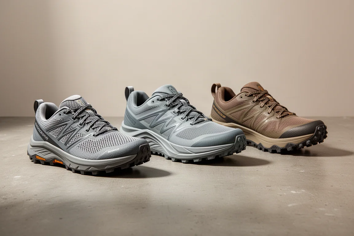 Three trail running shoes arranged on a matte concrete surface