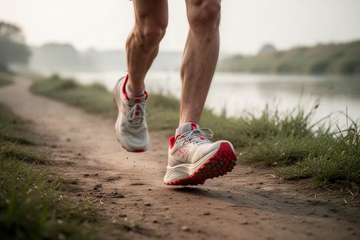 Trailrunningschuhe auf steinigem, festem Trail bei trockenen Bedingungen
