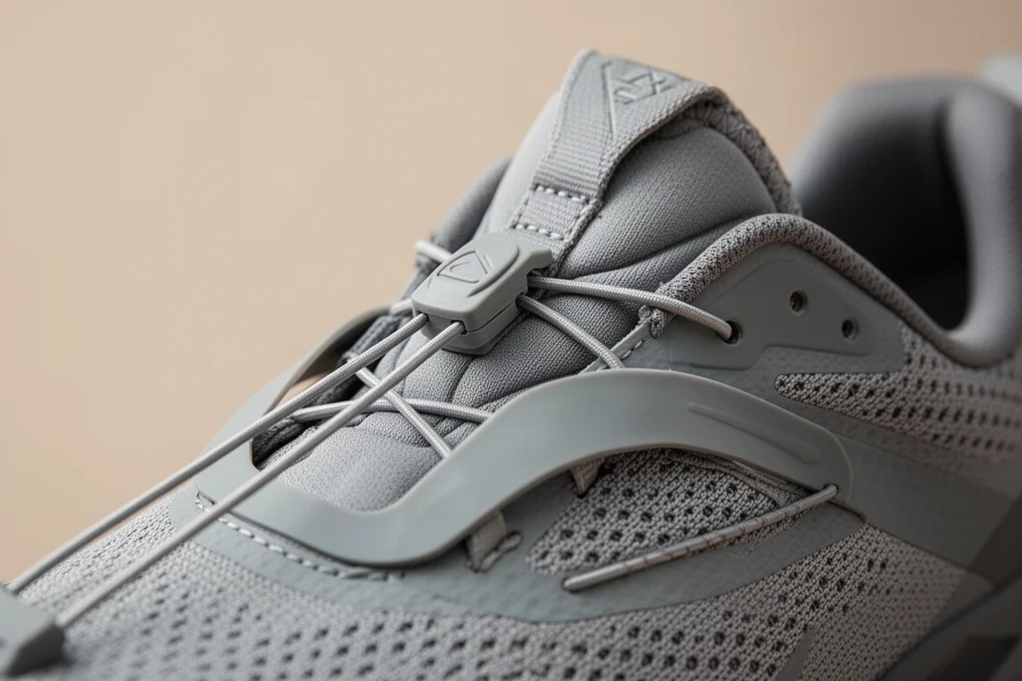 Nahaufnahme eines Quick-Lace-Systems und einer Zungenlasche mit Luftkammern an einem Trailschuh
