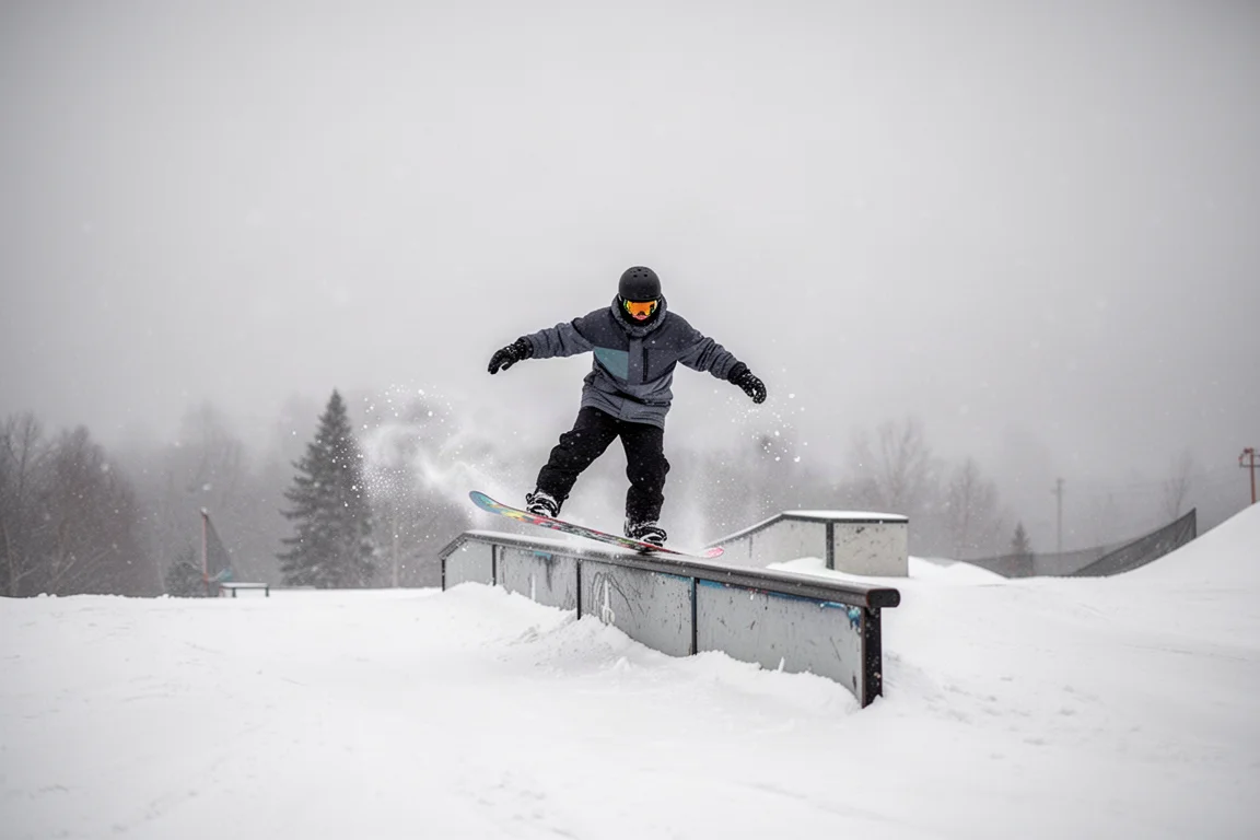 Snowboarder pressing a jib in a terrain park with soft winter light