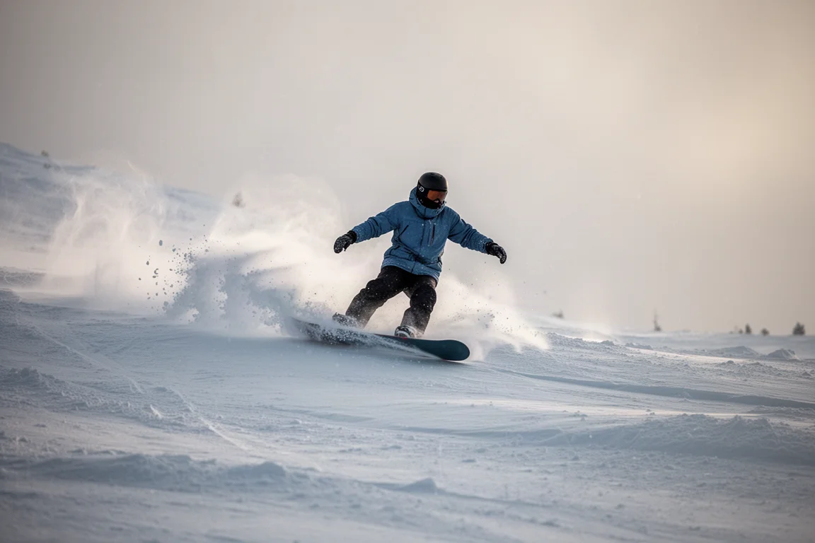 Snowboarder carving a deep powder turn on an open slope