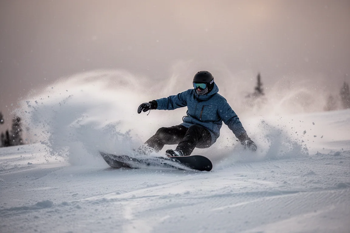 Snowboarder laying a high-speed carve with edge spray at dusk