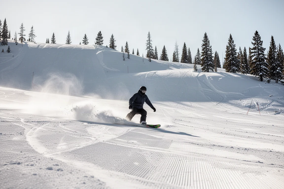 Snowboardeur traçant un large virage sur une piste damée par une belle journée ensoleillée