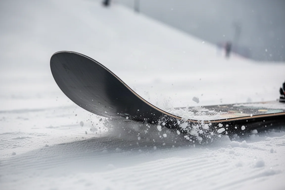 Gros plan sur le tail d'une planche de snow fléchie en butter press avec projection de neige