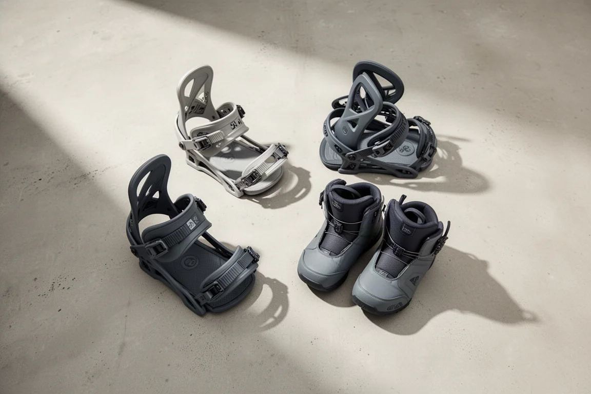 Vue aérienne de fixations et de boots de snowboard posées sur un sol en béton