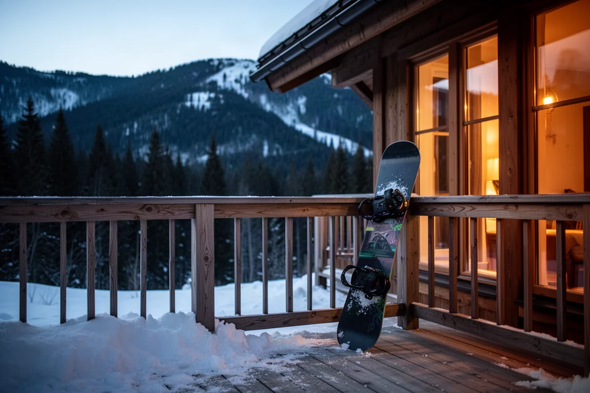 Planche de snowboard appuyée contre une balustrade en bois d'un refuge avec des montagnes enneigées derrière