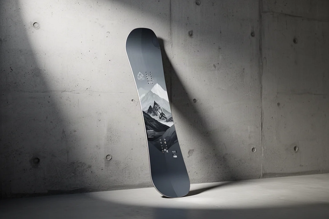 Snowboard standing upright against a matte concrete wall in soft studio light