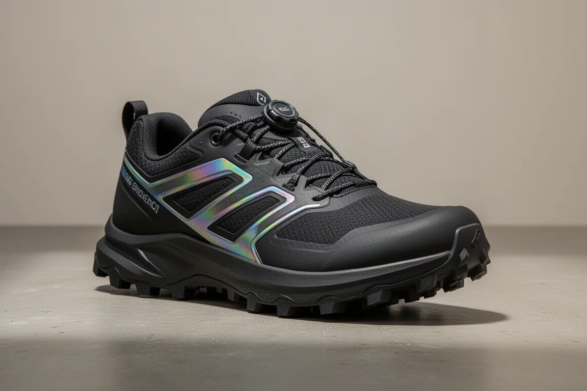 Salomon S/LAB Cross 2 越野鞋，鞋面帶有虹彩飾片，置於水泥地上