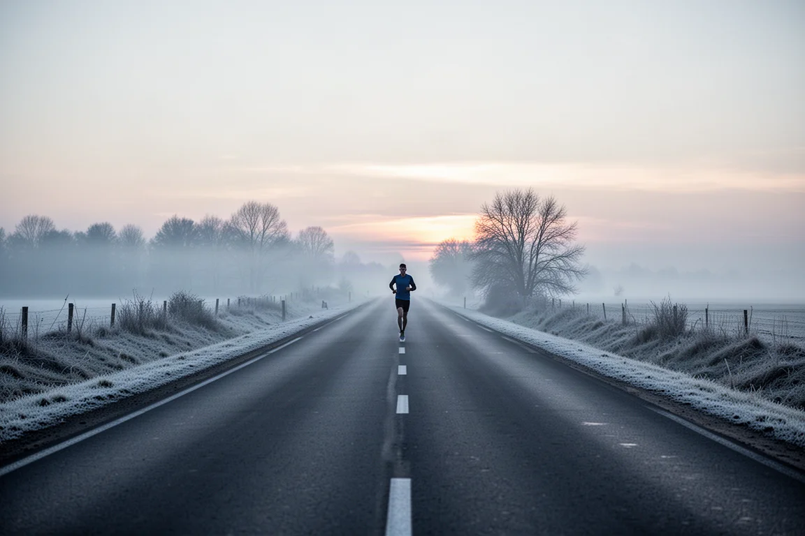 Hardloper op een lange, vlakke weg tijdens een vroege ochtend-temposessie