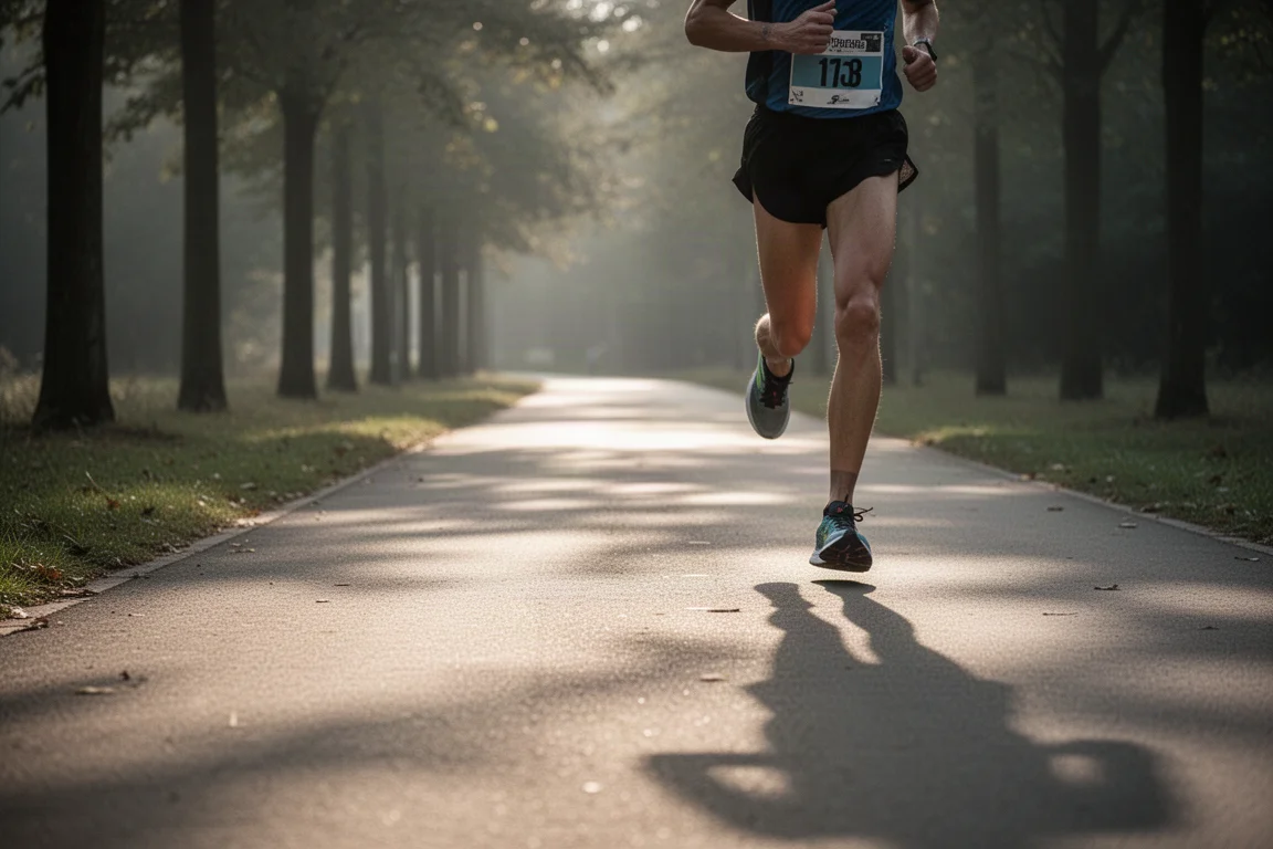 Hardloper die een lange duurloop afrondt op een stille weg, met vermoeide benen