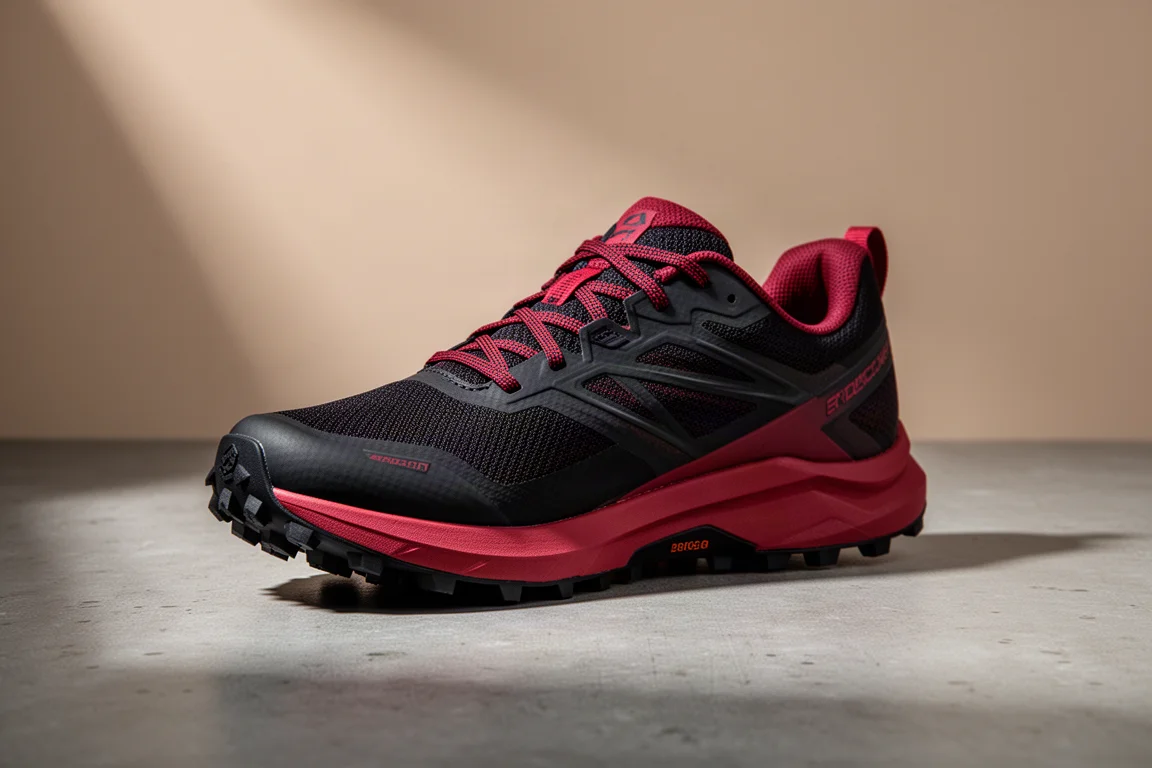 Black and red trail running shoe photographed at a three-quarter angle on concrete