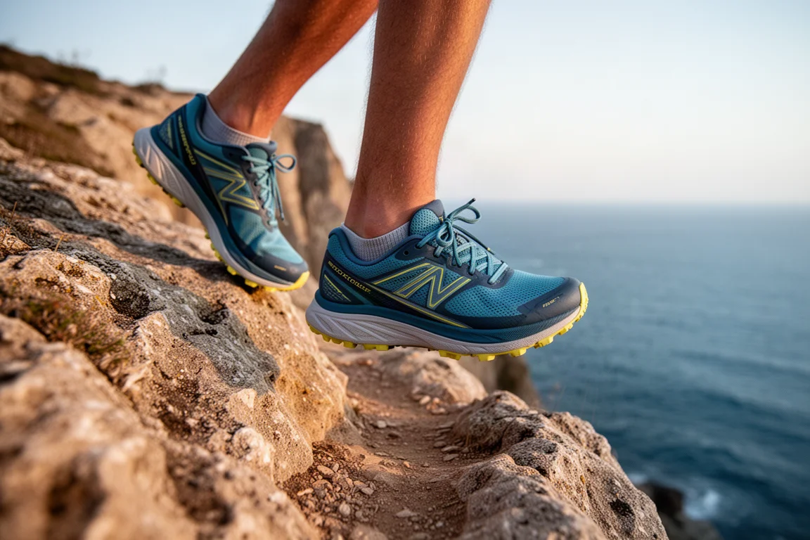 Voeten van een trailrunner op een rotsachtig kustpad met de blauwe zee op de achtergrond