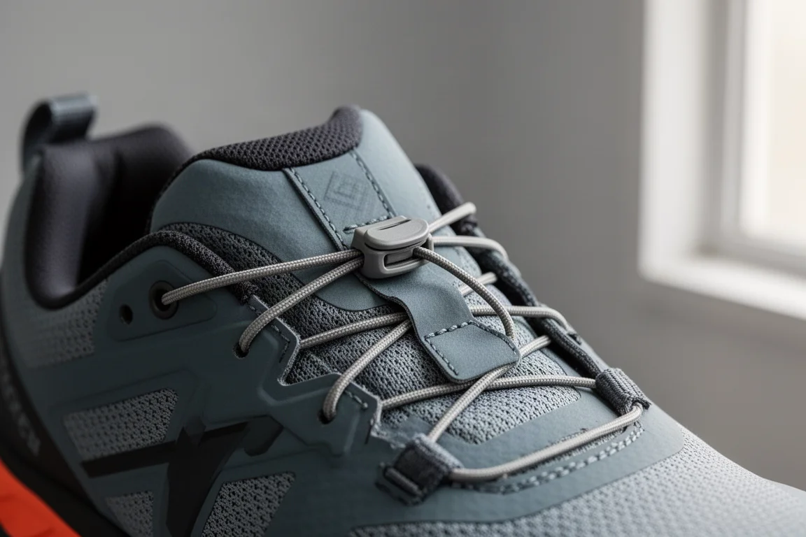 Close-up van een quicklace-systeem en het vetersvak op de tong van een trailrunschoen