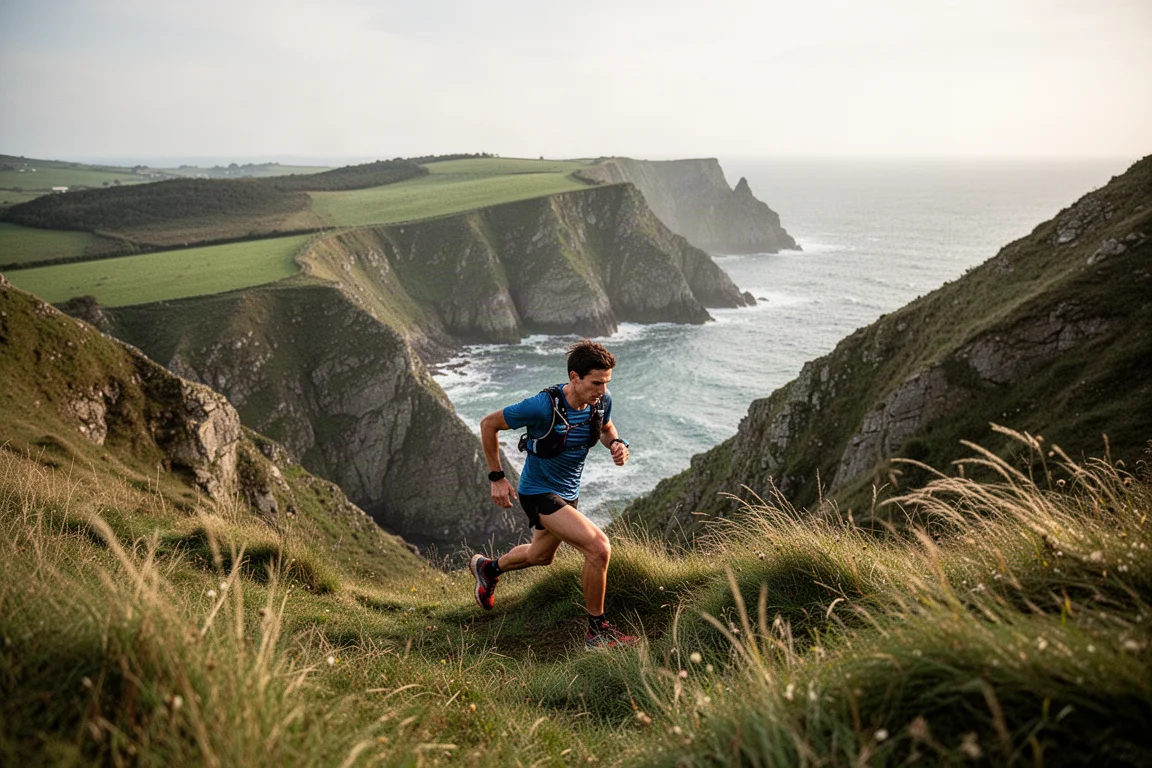 Trailrunner daalt af in een steile grasbegroeide kuil tussen de Cornish kliffen