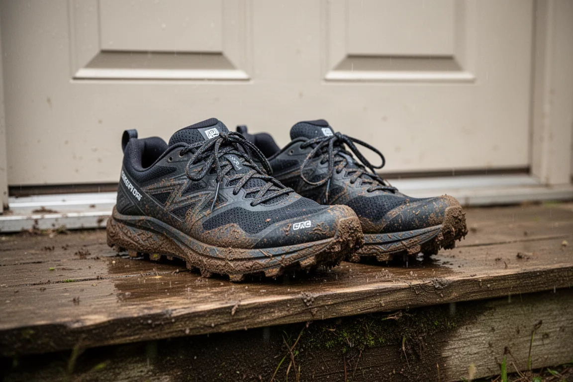 Modderige trailrunschoenen rustend op een houten drempel na een natte trailrun