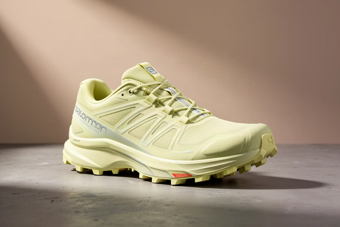 Pastel yellow Salomon S/Lab Genesis trail running shoe on a concrete surface