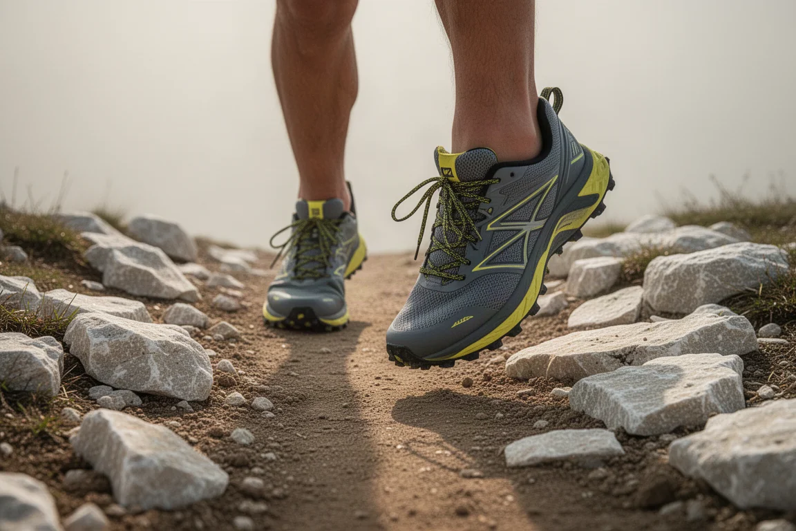 Füße eines Trailrunners, die im Morgenlicht einen felsigen Mischterrain-Pfad überqueren