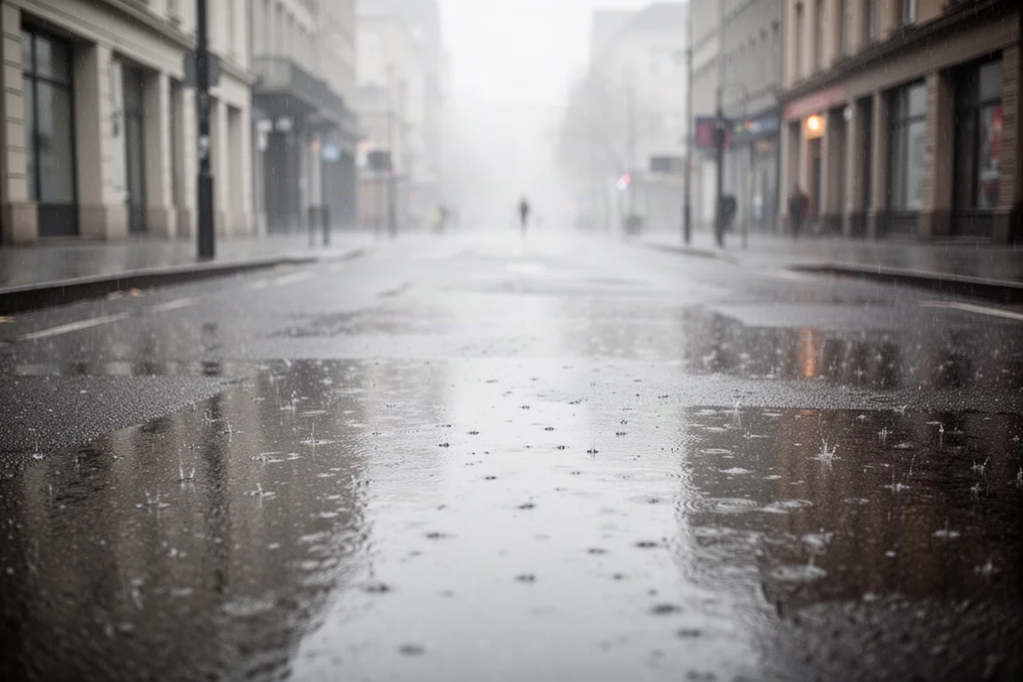 Revêtement mouillé par un matin couvert avec une pluie fine