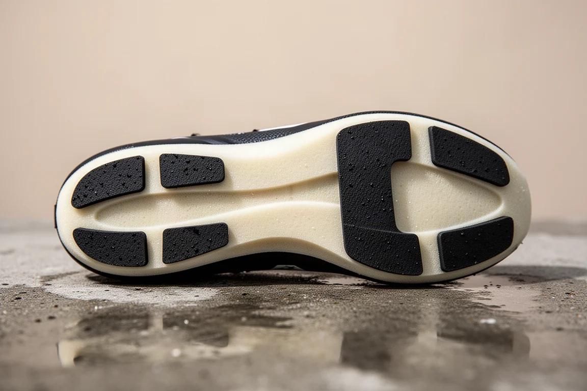Gros plan sur la semelle extérieure d'une chaussure de course montrant le recouvrement en caoutchouc