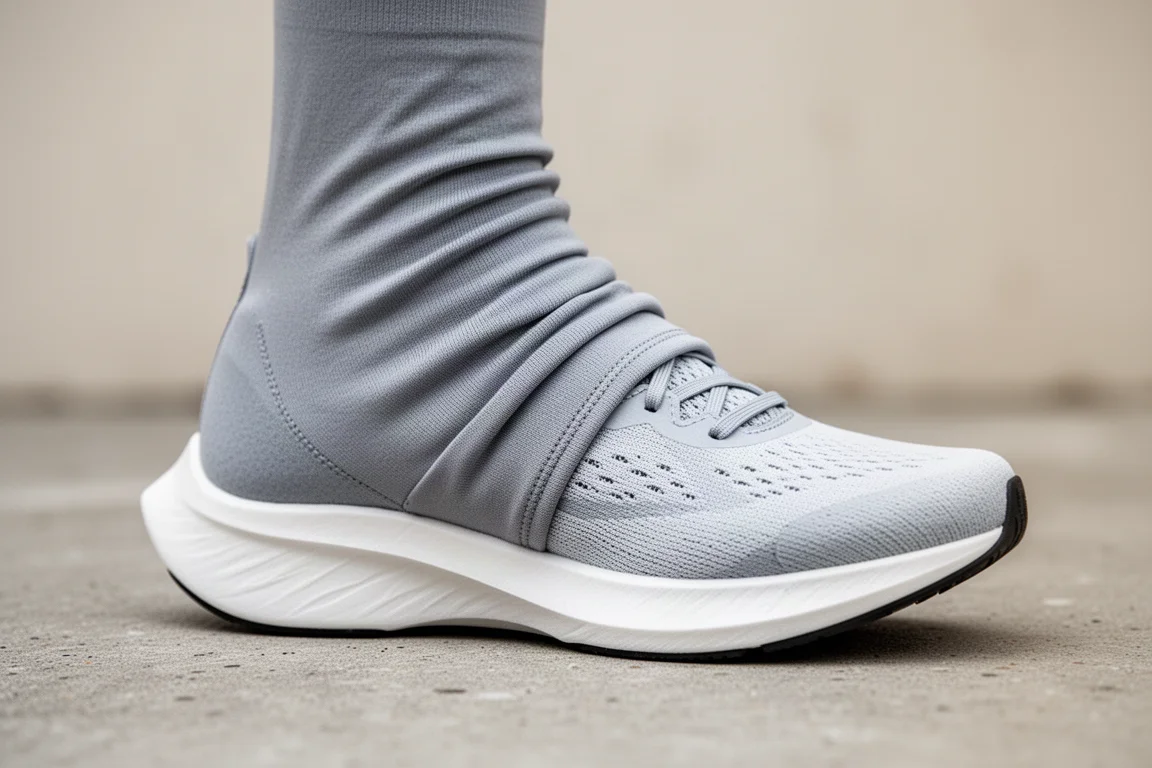 Gros plan sur l'upper d'une chaussure de course avec un tissu recouvrant les lacets pour un look profilé