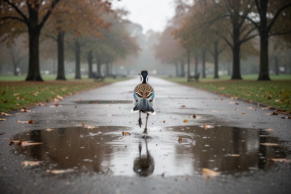 Coureur traversant en plein effort un chemin de parc inondé et détrempé par une journée grise